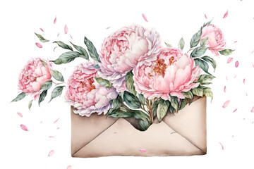 Peony flowers in an envelope. Template for mothers day, wedding or birthday postcard. Generative AI.