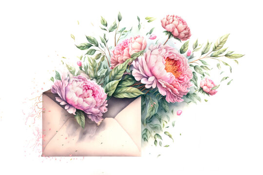Peony flowers in an envelope. Message of love for mothers day, wedding or birthday. Generative AI.