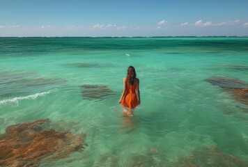 Portrait beautiful young Asian woman overlooking the ocean. Girl overlooking the ocean on a warm summer day. Generative Ai.