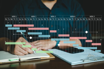 Business people check schedule on table in visual screen, meeting table schedule, business table,...