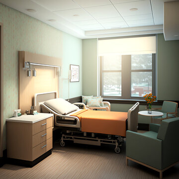 Comfortable and Cozy: A Tour of Alaa Al Lahham's Patient Room in the Hospital with a Bed and Sofa for Optimal Rest and Recovery AI Generative