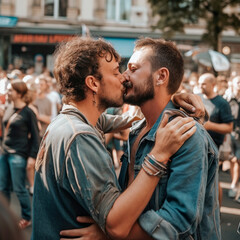 Gay couple in public created with Generative AI technology