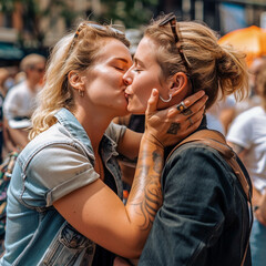 Blonde lesbian couple created with Generative AI technology
