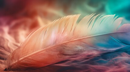 A close-up image of a fluffy white feather set against a colorful, pastel, neon mist, resembling a patchwork rainbow background. Generative AI