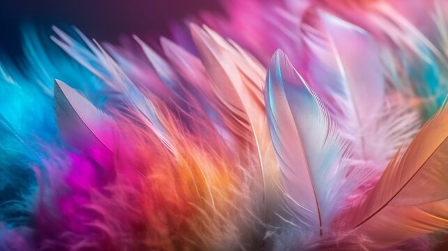A close-up image of a fluffy white feather set against a colorful, pastel, neon mist, resembling a patchwork rainbow background. Generative AI