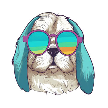 Portrait of a Canadian Plush Lop Rabbit with colorful style T-shirt Design, wearing sunglasses, Vector illustration on Transparent Background