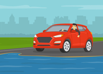 Flooded road and rainy weather conditions. Character looks out the front window. Red suv stopped at flooded road. Flat vector illustration template.