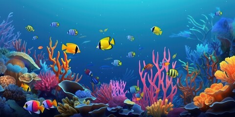 Plakat Animals of the underwater sea world. Ecosystem. Colorful tropical fish. .