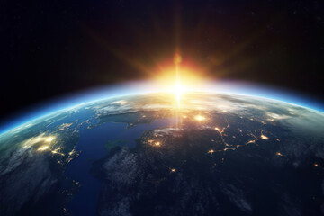 Fototapeta premium Earth and dazzling flares, global image, Generative AI