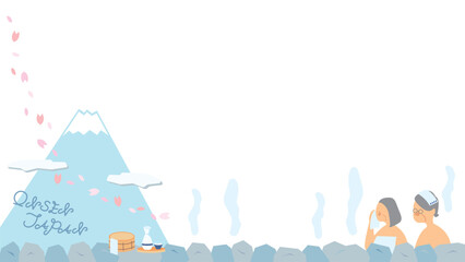 日本の温泉旅行を楽しむシニア夫婦のフレーム（春）（フラット）