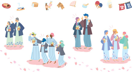 日本の温泉旅行と浴衣を着た人物のセット（春）（フラット）