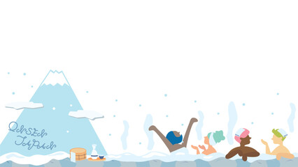 日本の温泉旅行を楽しむ外国人の旅行客のフレーム（冬）（フラット）