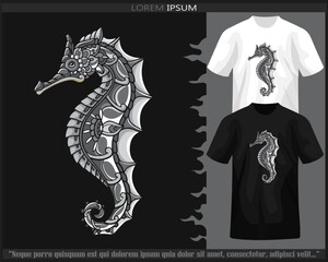 Monochrome color seahorse mandala arts isolated on black and white t shirt. © REYYARTS