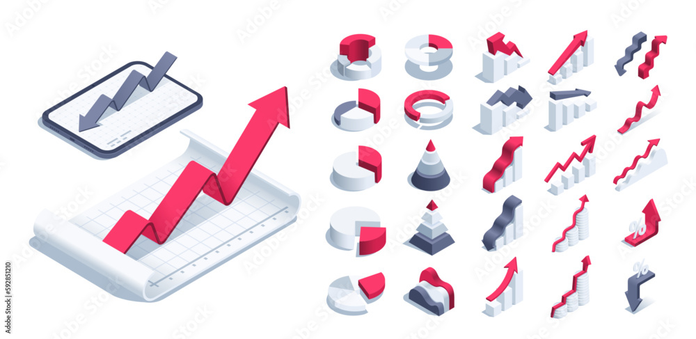 Poster isometric vector illustration on a white background, a set of charts and arrows with a sheet of pape