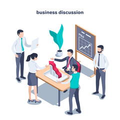 isometric vector image on a white background, people in business clothes around the table on which there is a sheet of paper and a chart with a growing arrow, working discussion or office workers
