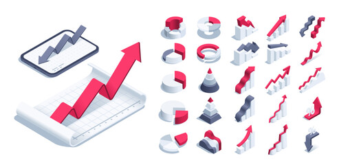 isometric vector illustration on a white background, a set of charts and arrows with a sheet of paper and a tablet, infographics for design and display of statistical data