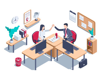 isometric vector illustration isolated on white background, office employees in business clothes man and woman joyfully clapping hand in hand, office furniture or interior