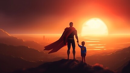 Fototapeta na wymiar Father's day - illustration of father in superhero costume with his child, Generative ai