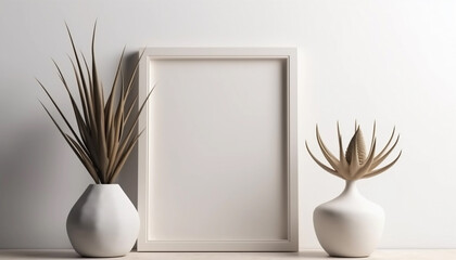 Empty frame mockup in modern minimalist interior with plant, Generative AI