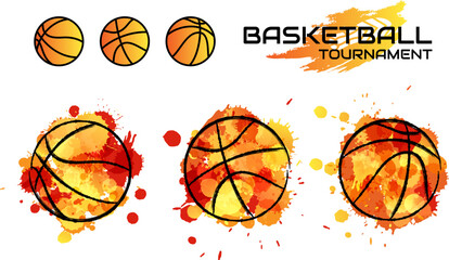 Basketball balls in orange colors  with splash paint  design elements. Vector concept for promotion game design. - obrazy, fototapety, plakaty