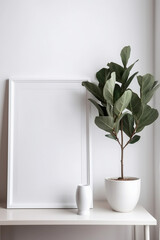 Empty frame mockup in modern minimalist interior with plant, Generative AI