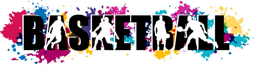 Basketball concept desgn with player silhouettes, word "basketball" and colorful splash paint elements