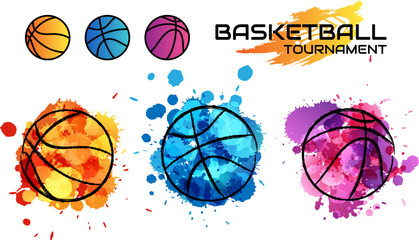 Basketball balls in pink, blue and orange colors  with splash paint  design elements. Vector concept for promotion game design.