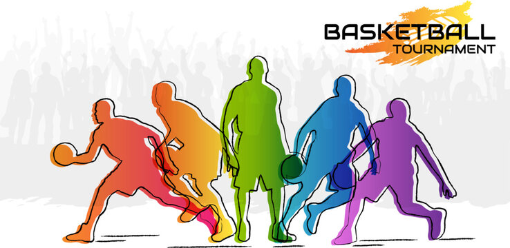Basketball tournament poster with rainbow players sihouette. Vector sport concept for promotion game design.