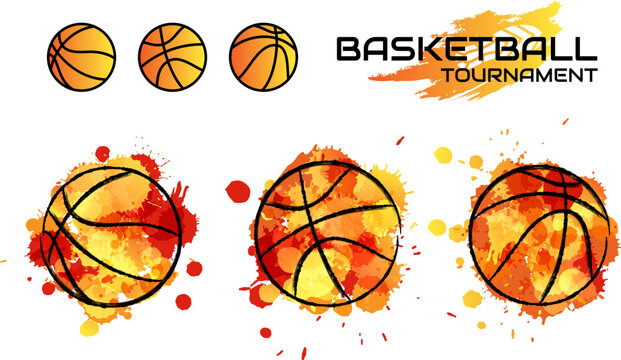 Basketball balls in orange colors  with splash paint  design elements. Vector concept for promotion game design.