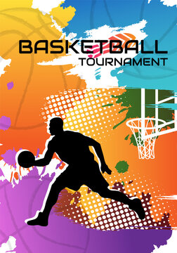 Basketball tournament poster with player sihouette and colorful paint splash elements. Vector sport concept for promotion game design.