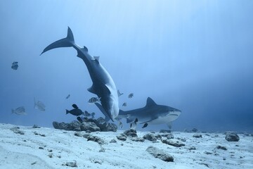 Tiger sharks crusiing in the maldives with diver