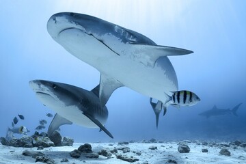 Tiger sharks crusiing in the maldives with diver