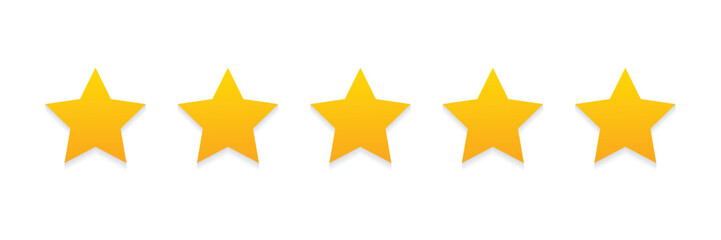 Golden five star icon vector isolated for online shop, customer review produck service store. 5 stars rating with realistic shadow. eps 10