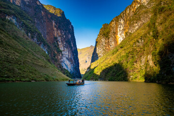 The alley of the Nho Que river. A famous river located in Ha Giang Vietnam is jade green