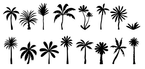 Vector set of tropical palm and tree silhouettes. Black on white background. Doodle illustration