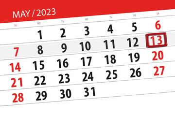 Calendar 2023, deadline, day, month, page, organizer, date, May, saturday, number 13