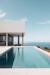 Fototapeta na wymiar minimalist villa with pool and ocean on horizon - Generative AI
