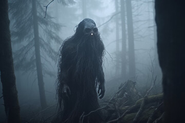 Fantasy concept. Mythical scary looking creature in dense with mist spruce forest. Monster living in dark woods. Generative AI