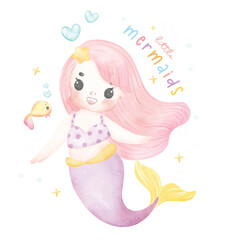 Cute sweet colorful pastel watercolor happy joyful little mermaid pink hair, whimsical adorable children cartoon character hand painting illustration