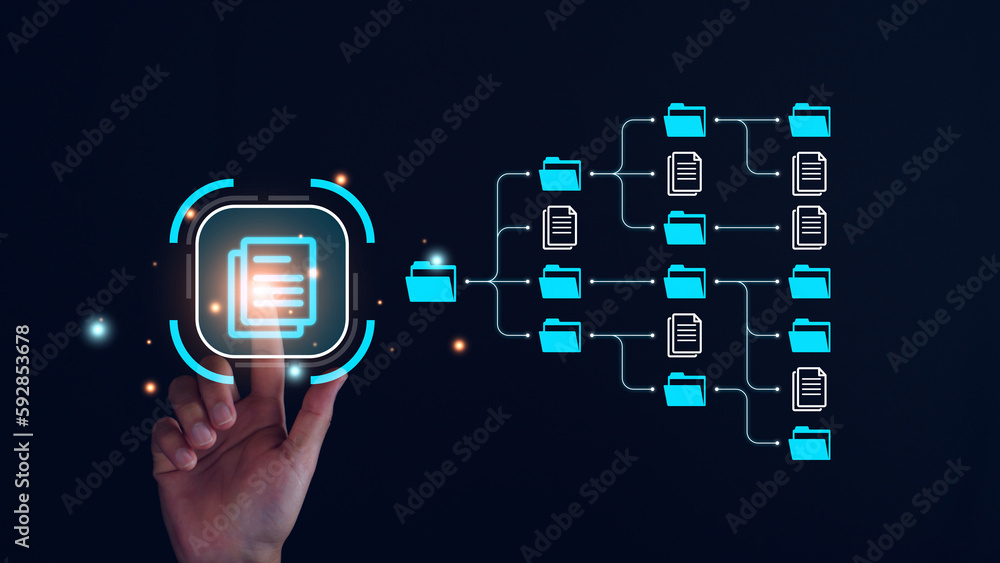 Poster document management system, dms and business process system automation technology. finger touching d