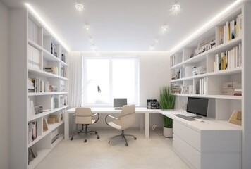 Modern office interior with furniture. Bright environment. Created using generative AI