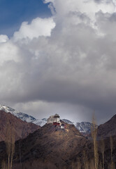 Fototapeta premium Namgyal Tsemo Monastery in Ladakh, India was founded by King Tashi Namgyal and has a three-story gold statue of Maitreya Buddha and ancient manuscripts.