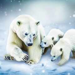 Obraz na płótnie Canvas Polar bear mom playing with little cubs, generative AI