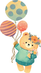 Lovely teddy bear with flowers and balloons
