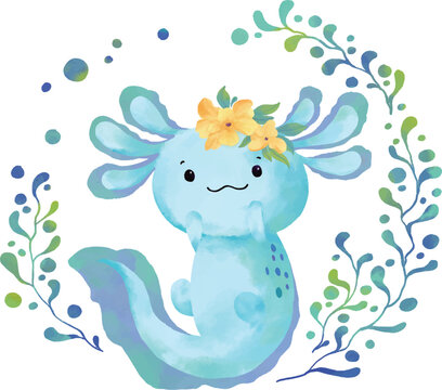 Watercolor cute axolotl
