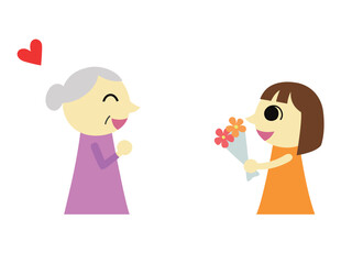 祖母に花束を渡す女の子2