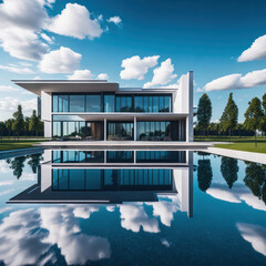Modern villa and a luxurious infinity pool, photorealistic generative AI illustration