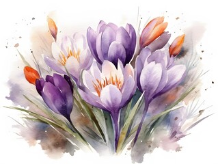 Beautiful Watercolor Crocuses Flowers. Creative Watercolor Illustration for Greeting Cards, invitations and art prints. Ai generated