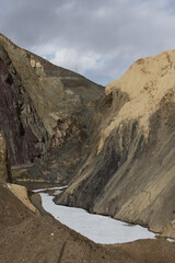 Landscape in Lamayuru, Ladakh - known as the ‘Moonland’, due to its unique terrain that resembles the surface of the moon. Barren mountains, rocky outcrops, create a stark and otherworldly atmosphere.