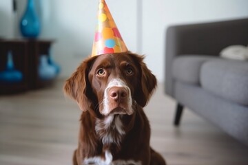 Brown labrador retriever with a birthday hat in the living room created with Generative AI technology